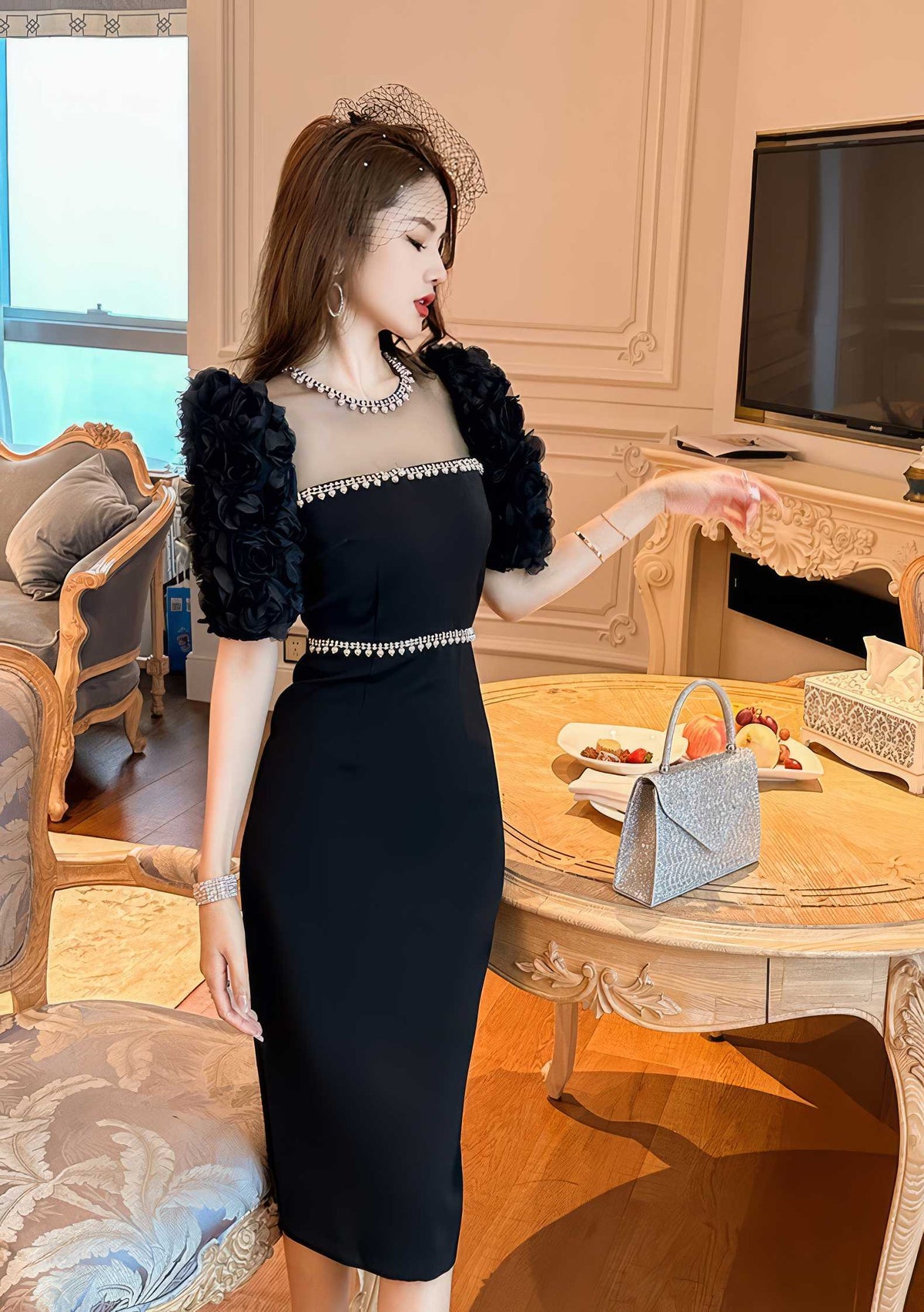Puff Sleeve Pearl Embellished Column Dress S / Black