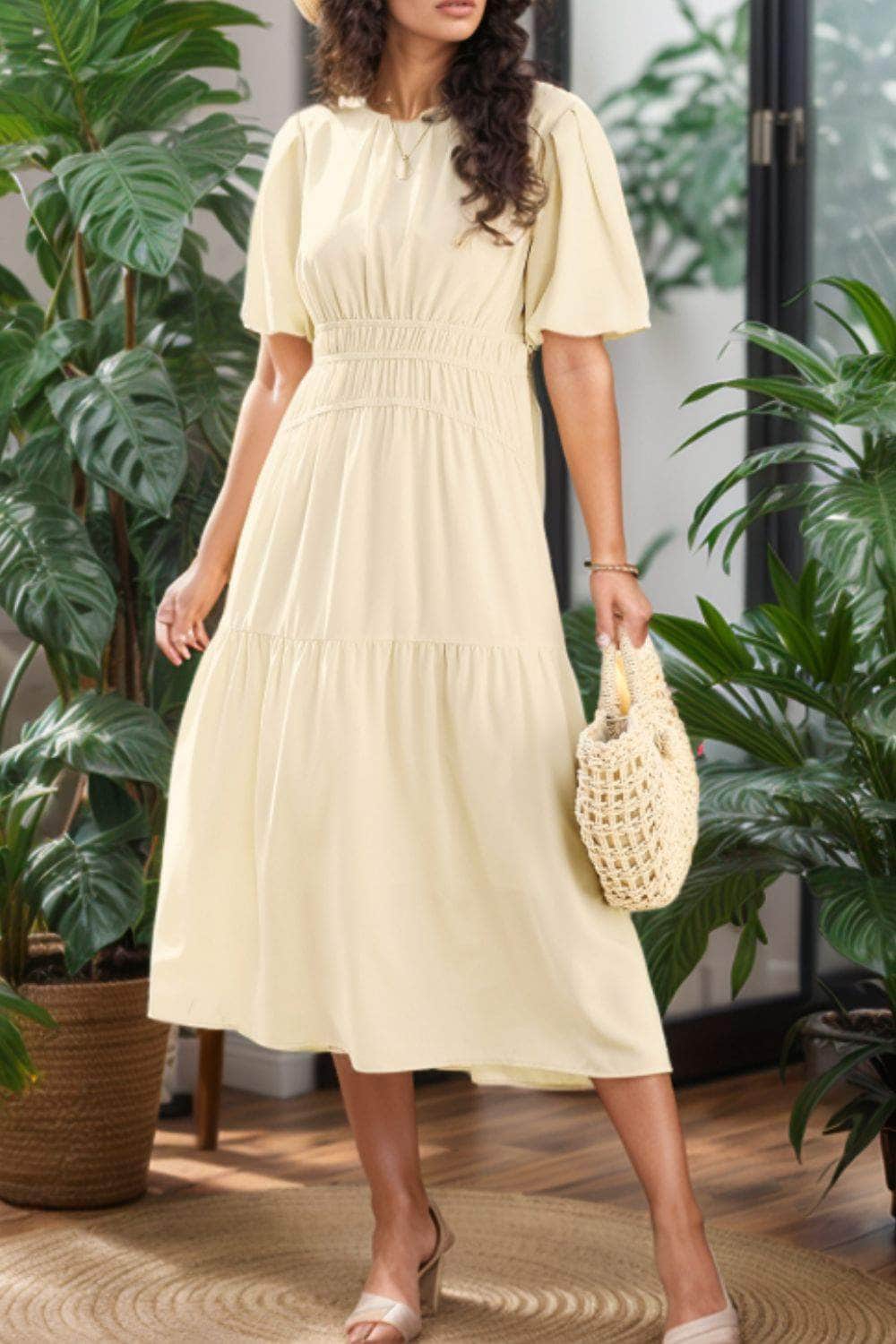 Puff Sleeve Pleated High Waist Flowy Midi Dress Cream / S