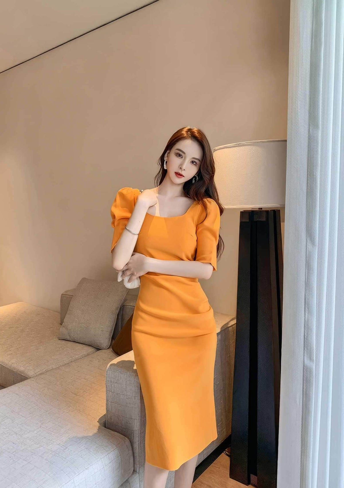 Puff Sleeve Pleated Midi Cocktail Dress S / Orange