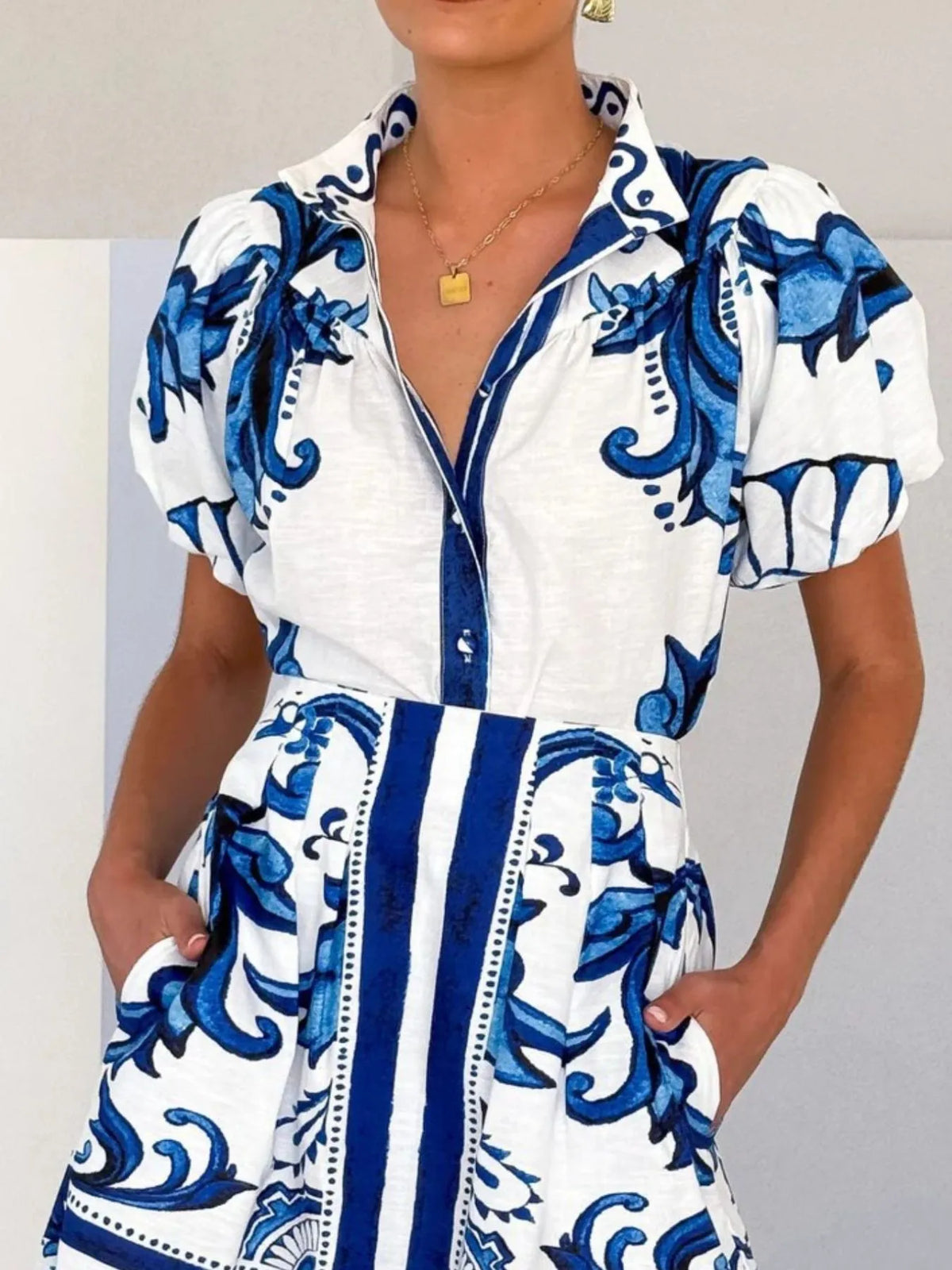 Puff Sleeve Printed Top and Skirt Set Blue / S