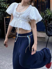 Puff Sleeve Ruffle Crop Blouse