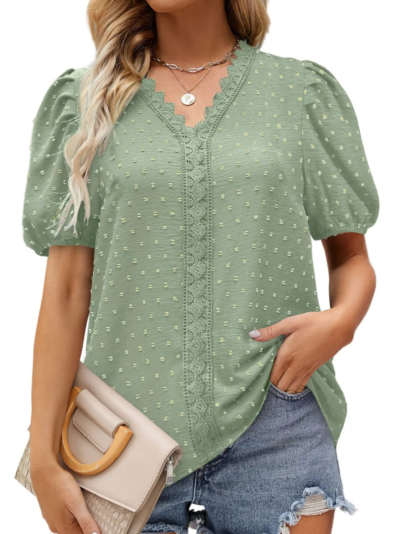 Puff Sleeve Swiss Dot Lace Trim Blouse Green / S