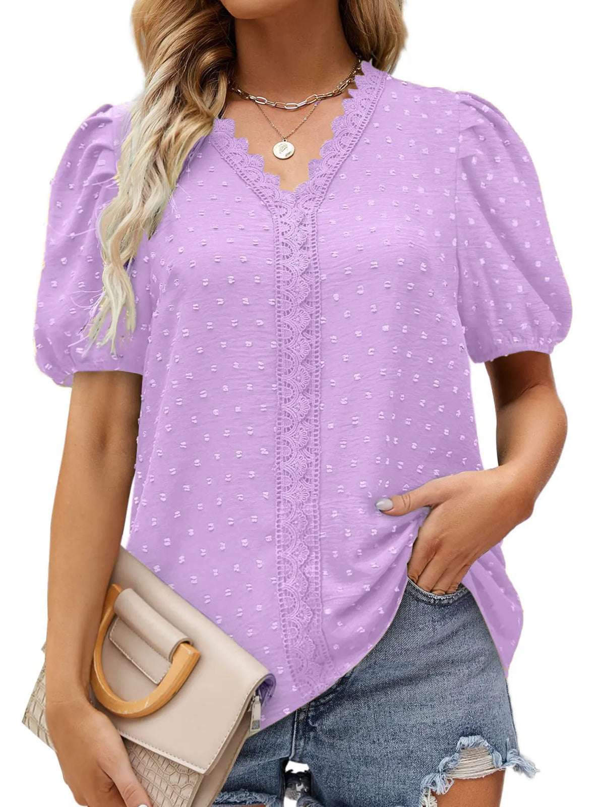 Puff Sleeve Swiss Dot Lace Trim Blouse Purple / S