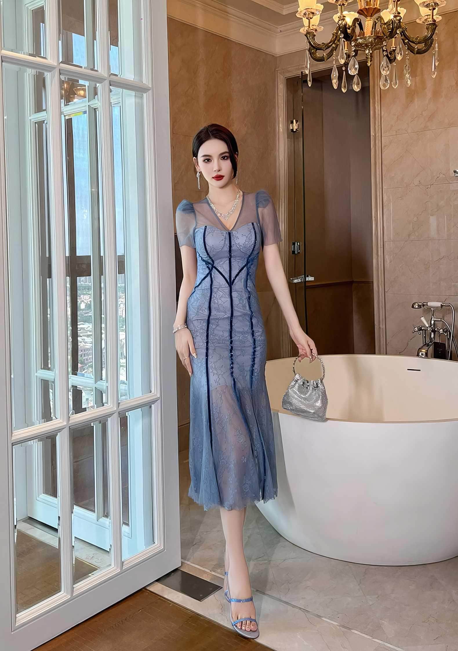 Puff Sleeves Lace Mermaid Midi Dress