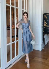 Puff Sleeves Lace Mermaid Midi Dress S / CornflowerBlue
