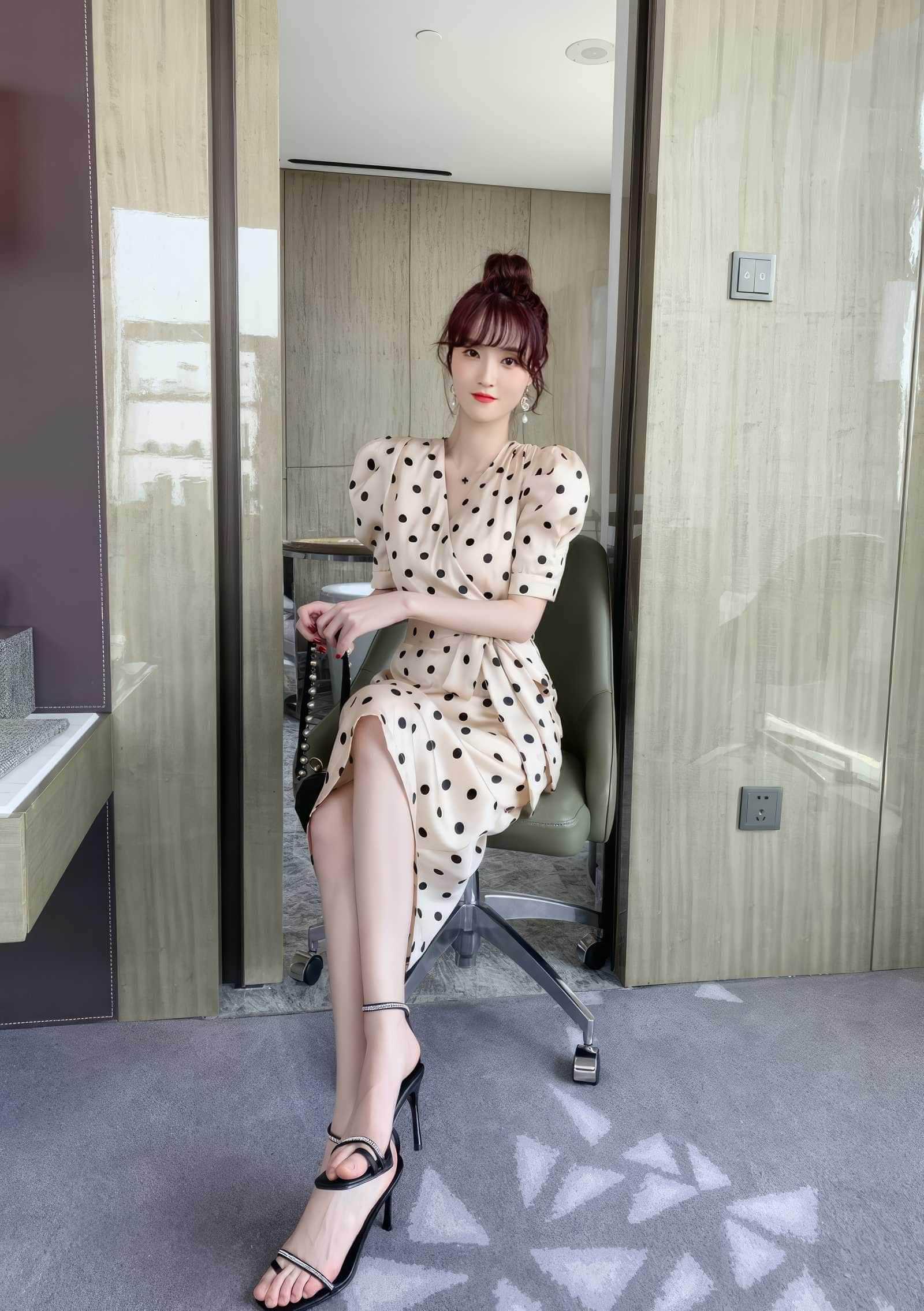 Puff Sleeves Print Polka Dot Dress