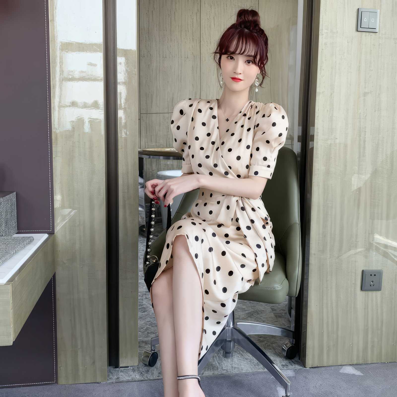 Puff Sleeves Print Polka Dot Dress