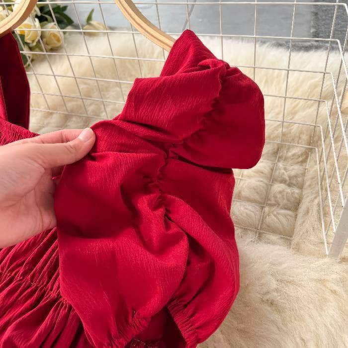 Puff Sleeves Square Neck Ruffled Bust Midi Dress