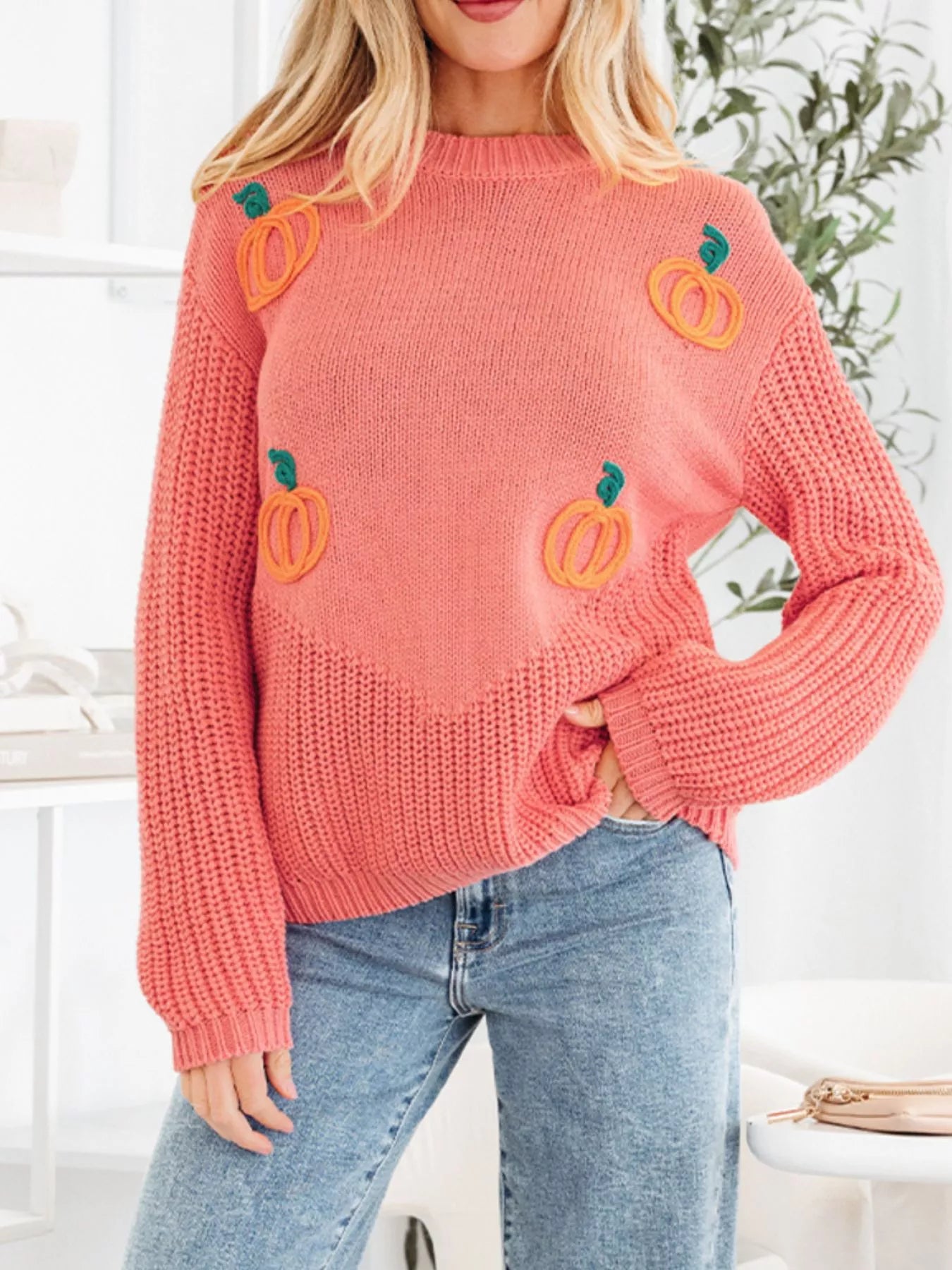Pumpkin Embroidered Thanksgiving Holiday Sweater Burnt Coral / S