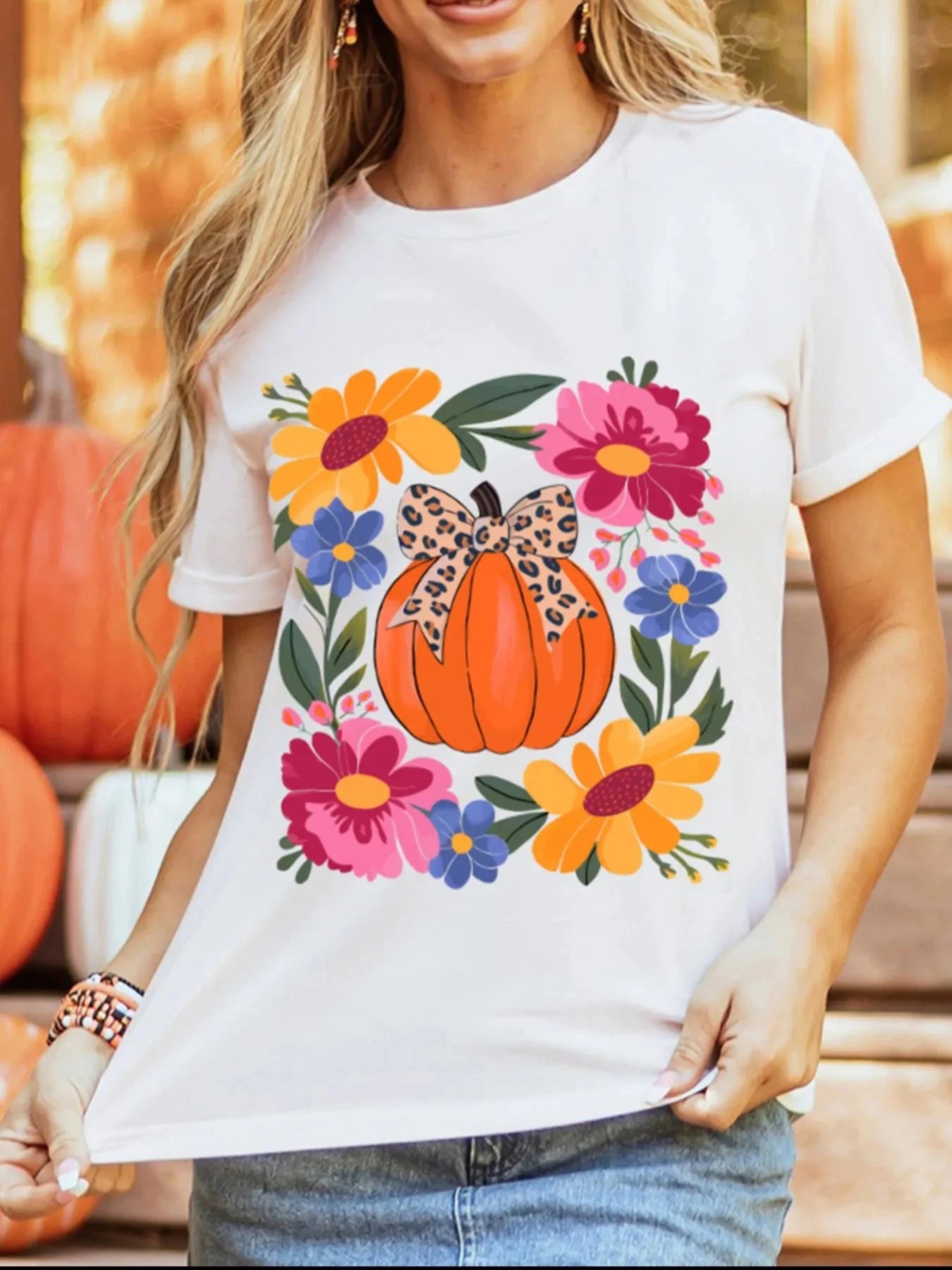 Pumpkin Floral Graphic Round Neck T-Shirt