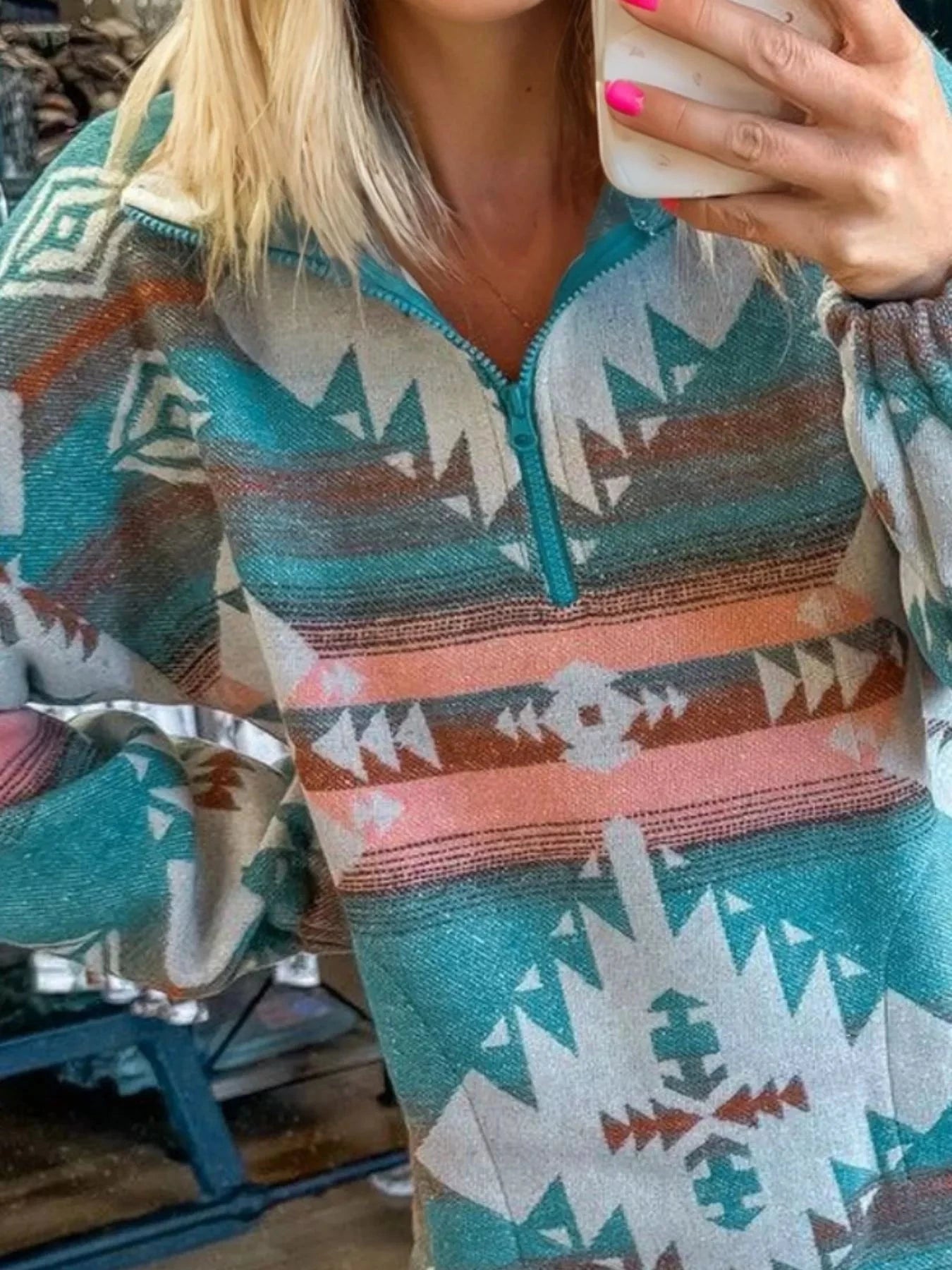 Quarter Zip Elastic Cuffs Aztec Sweatshirt
