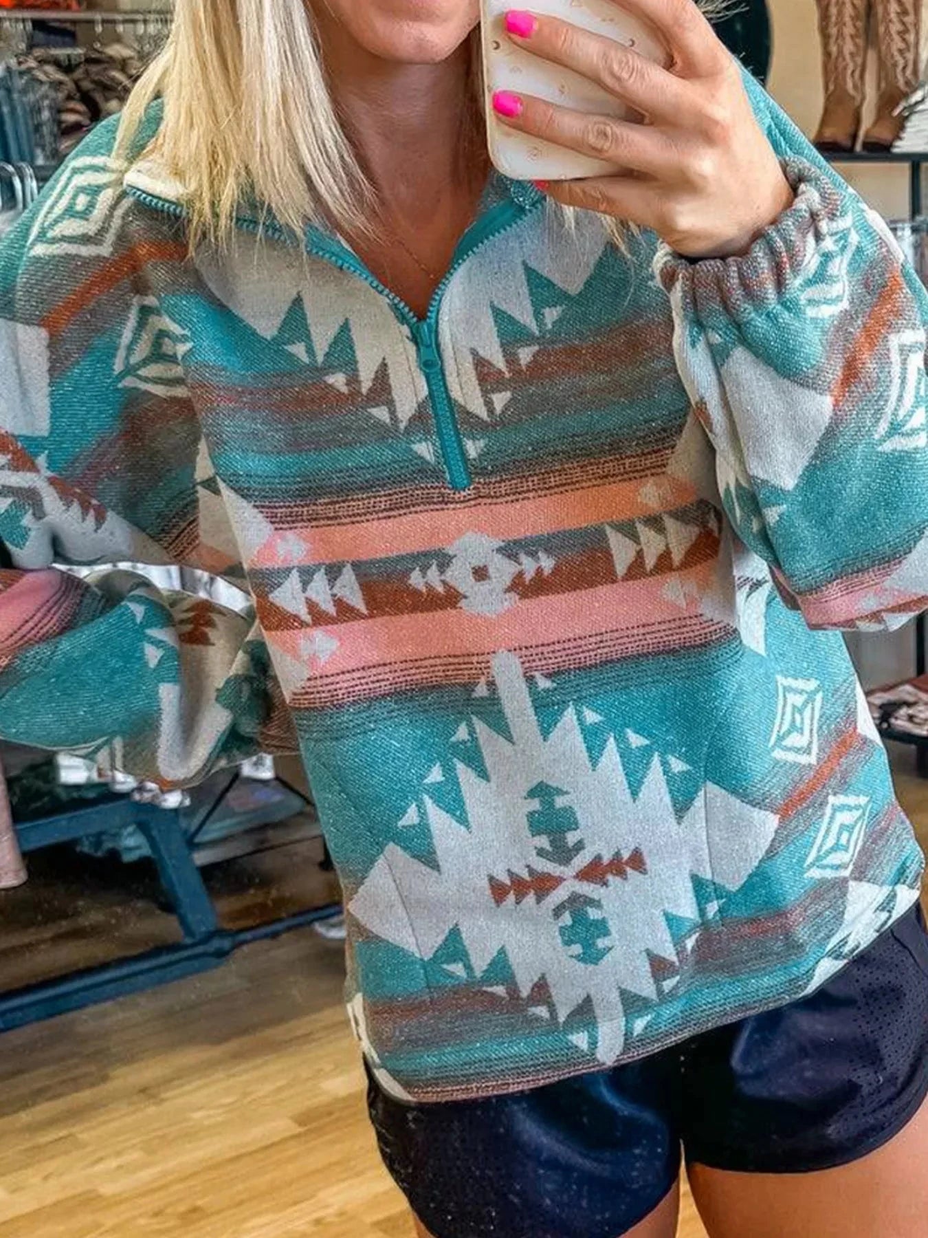 Quarter Zip Elastic Cuffs Aztec Sweatshirt Turquoise / S