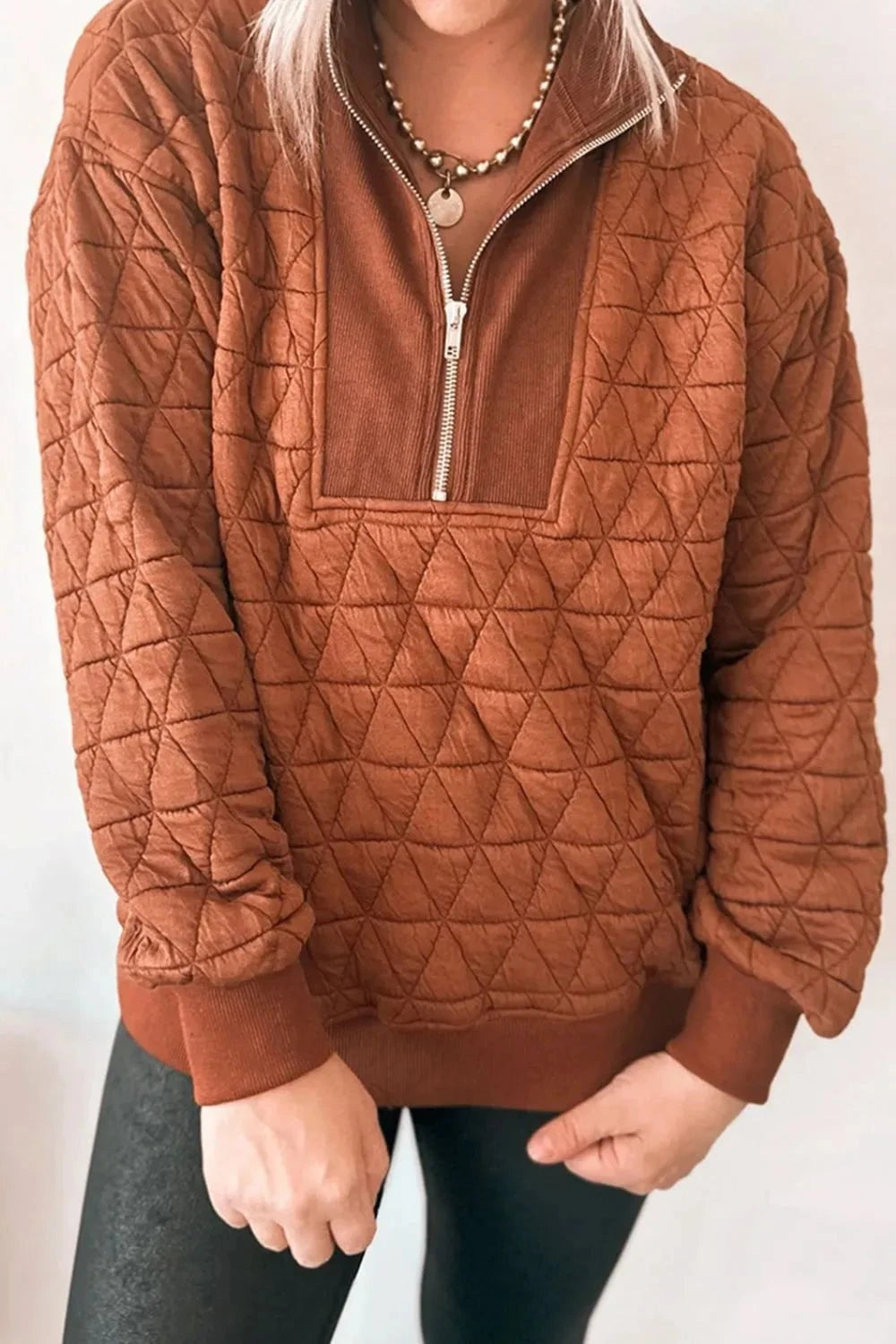 Quilted Half-Zip Long Sleeve Sweatshirt Caramel / S