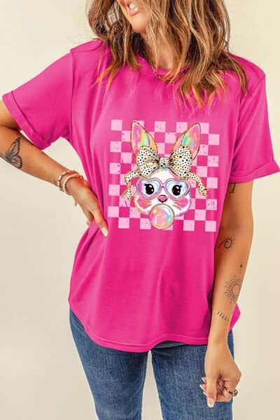 Rabbit Graphic Round Neck Short Sleeve T-Shirt Hot Pink / S