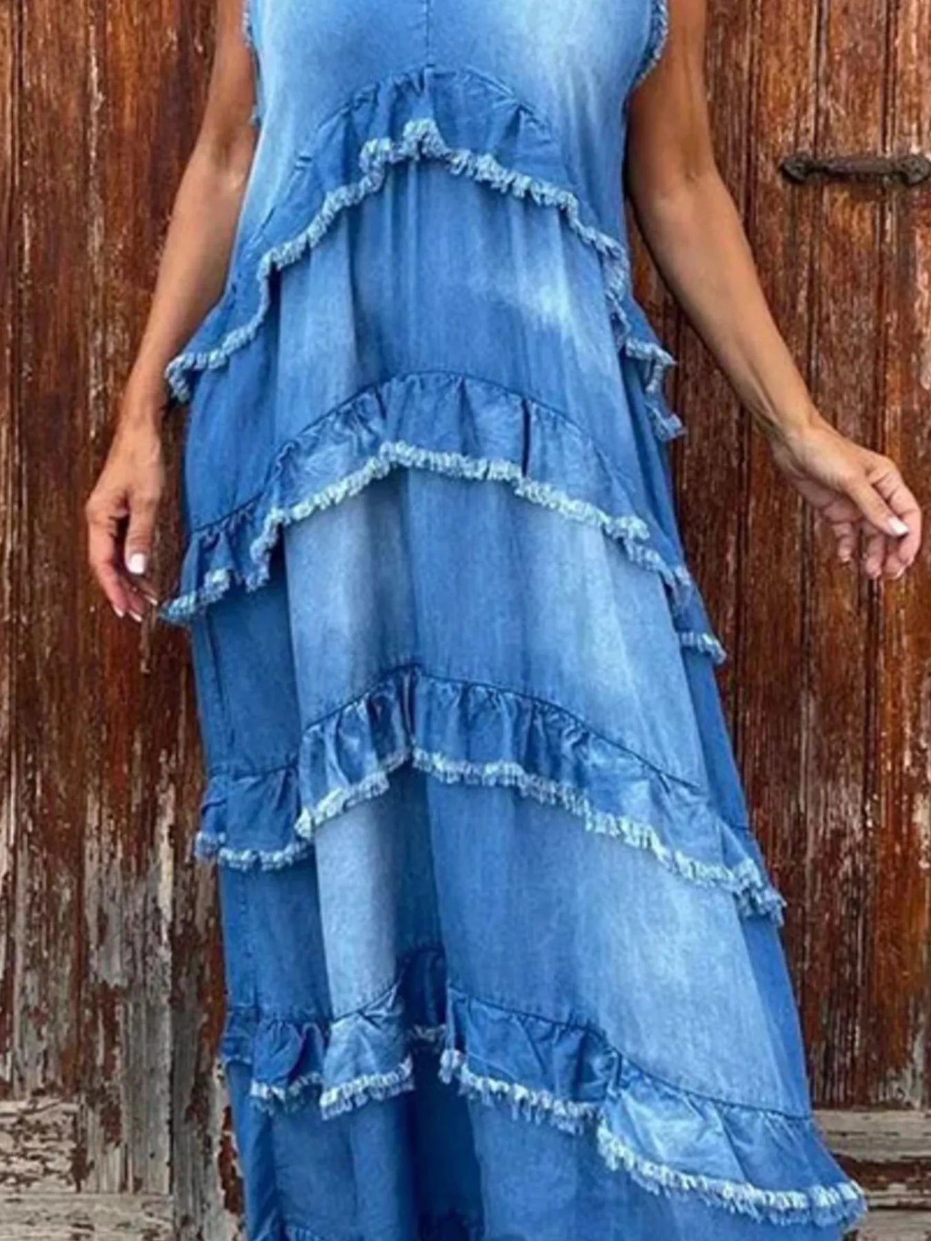 Raw Hem Layered Denim Maxi Dress
