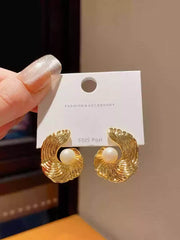 Refined Gold Tone Abstract Swirl Stud Earrings with Creamy White Faux Pearl Gold