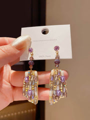 Refined Gold Tone Drop Earrings with Purple and Champagne Crystals Purple