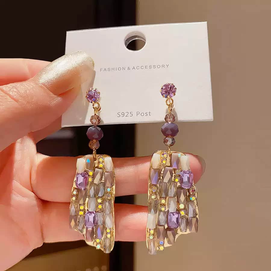 Refined Gold Tone Drop Earrings with Purple and Champagne Crystals Purple