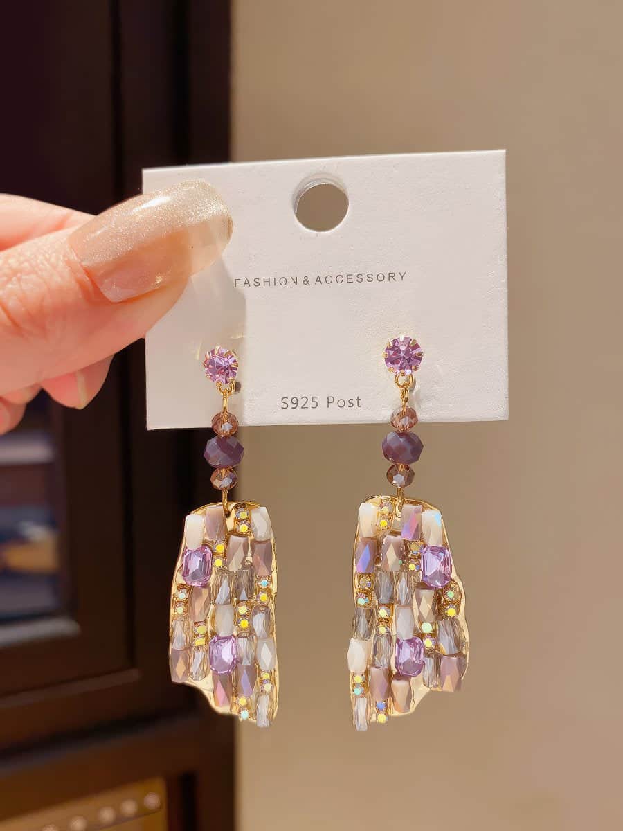 Refined Gold Tone Drop Earrings with Purple and Champagne Crystals Purple