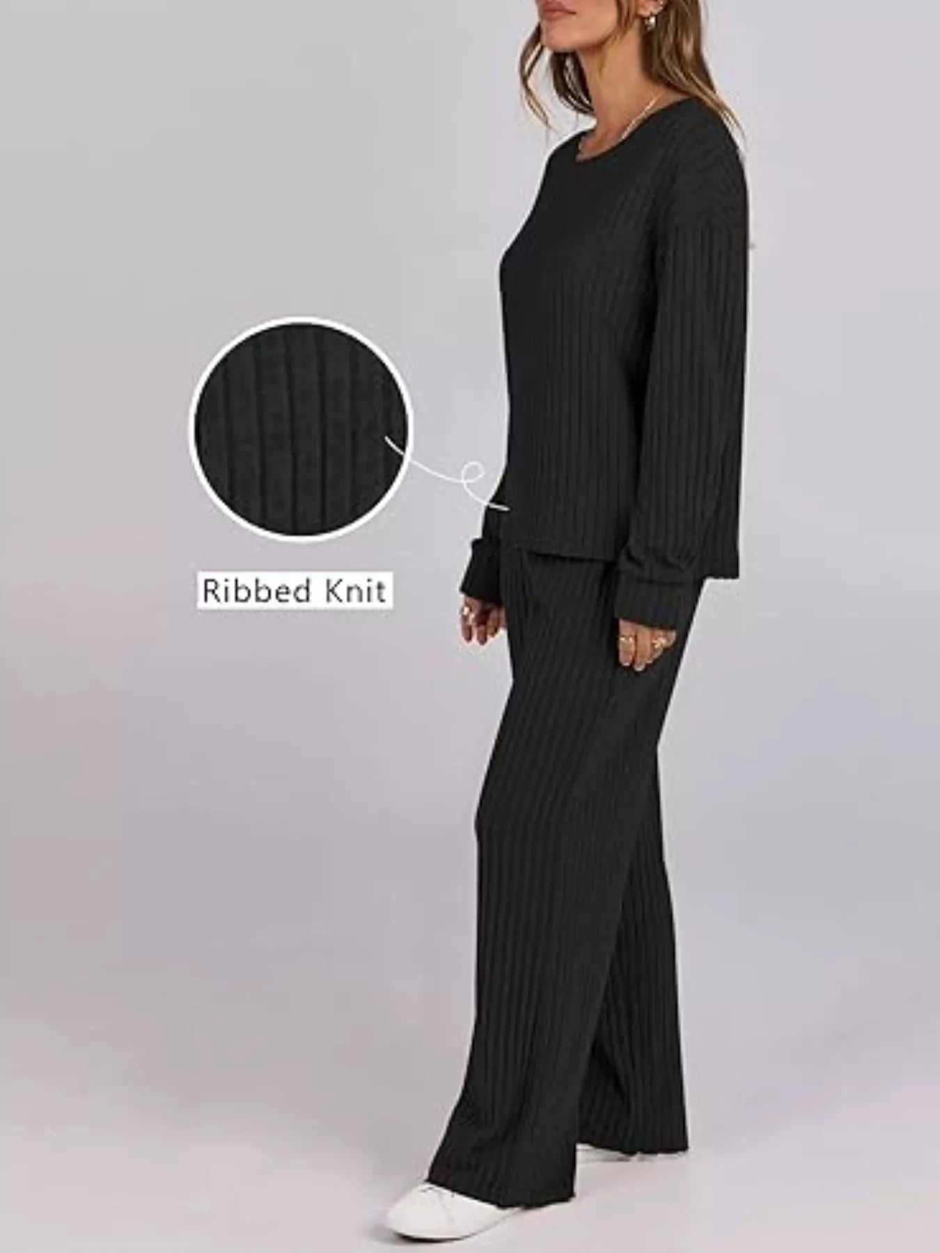 Relaxed Fit Ribbed Knit Top and Pants Set
