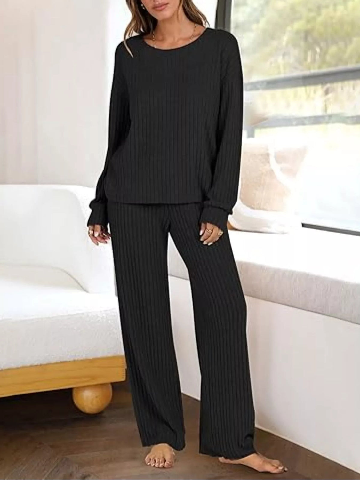 Relaxed Fit Ribbed Knit Top and Pants Set Black / S
