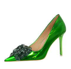 Resin Rhinestone Bow Stiletto Heels EU 33 / Green / 10.5CM