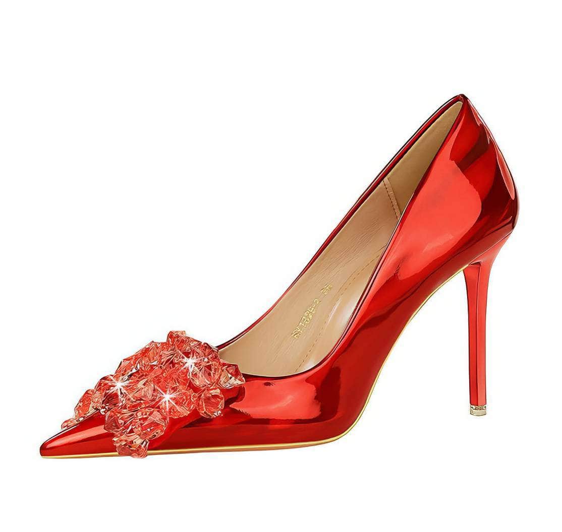 Resin Rhinestone Bow Stiletto Heels EU 33 / Red / 10.5CM