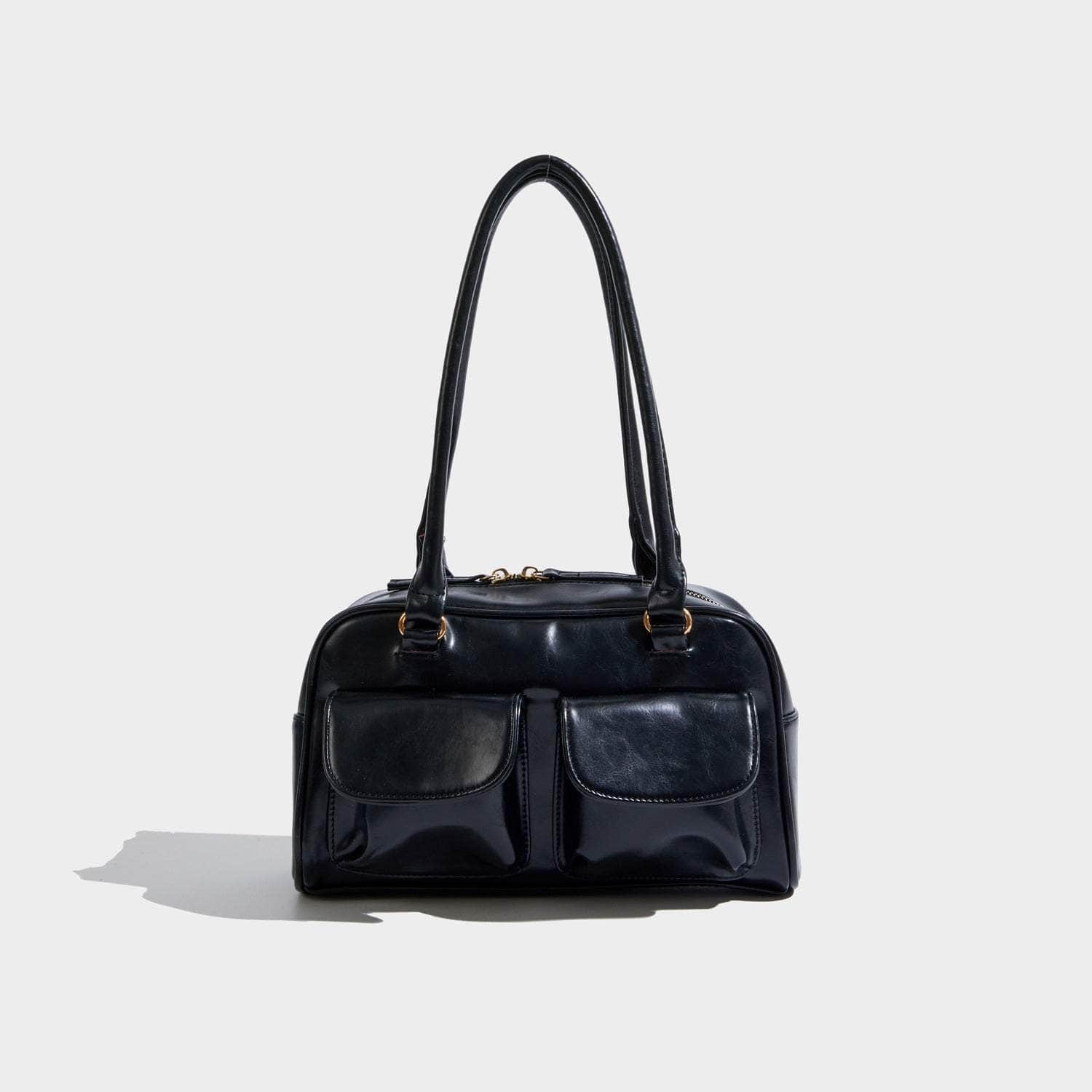 Retro Double Pocket Leather Underarm Bag Black