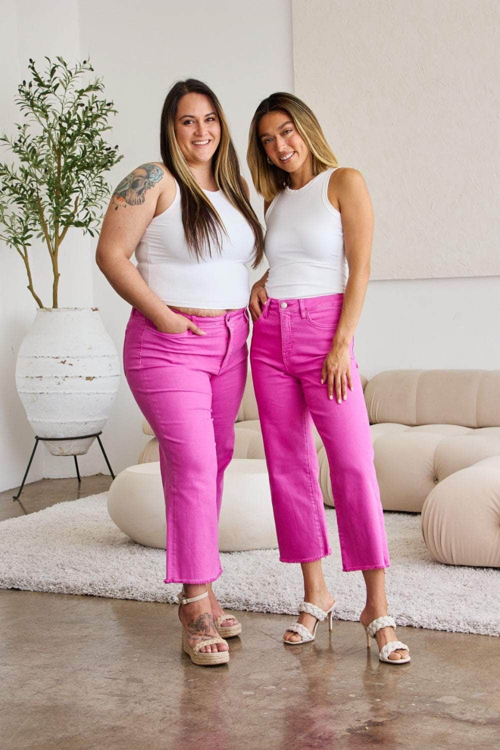 RFM Crop Chloe Full Size Tummy Control High Waist Raw Hem Jeans Pink Rouge / 23