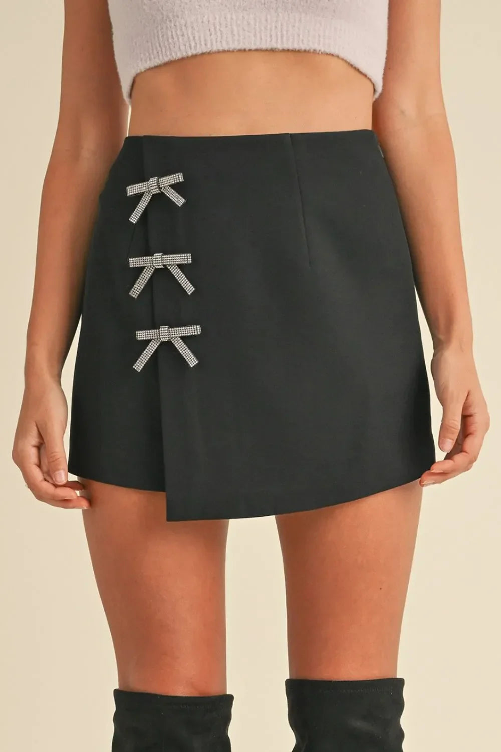 Rhinestone Bow Wrap High Waist Mini Skirt Black / S