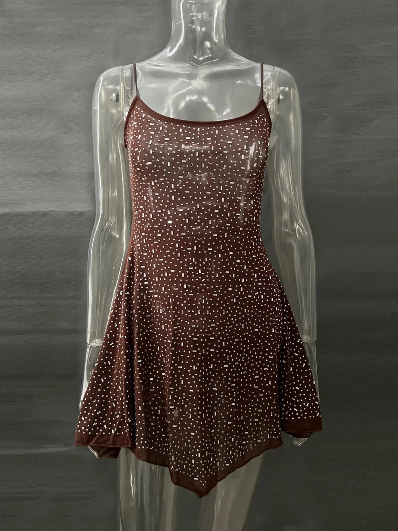 Rhinestone Decor Mini Cami Dress Brown / S