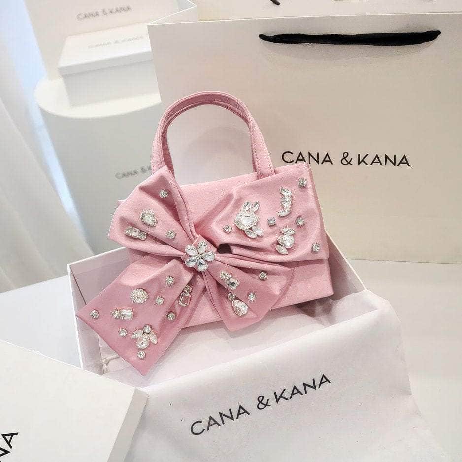 Rhinestone Decorated Bow Detailed Top Handle Bag