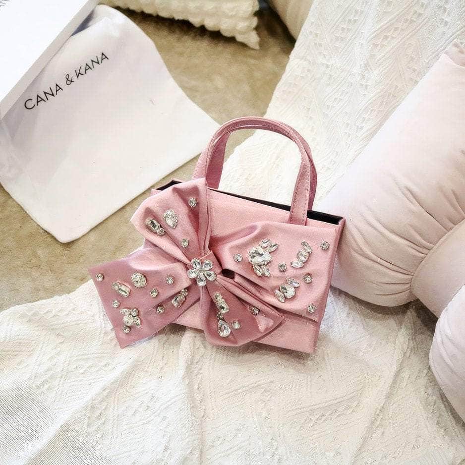 Rhinestone Decorated Bow Detailed Top Handle Bag