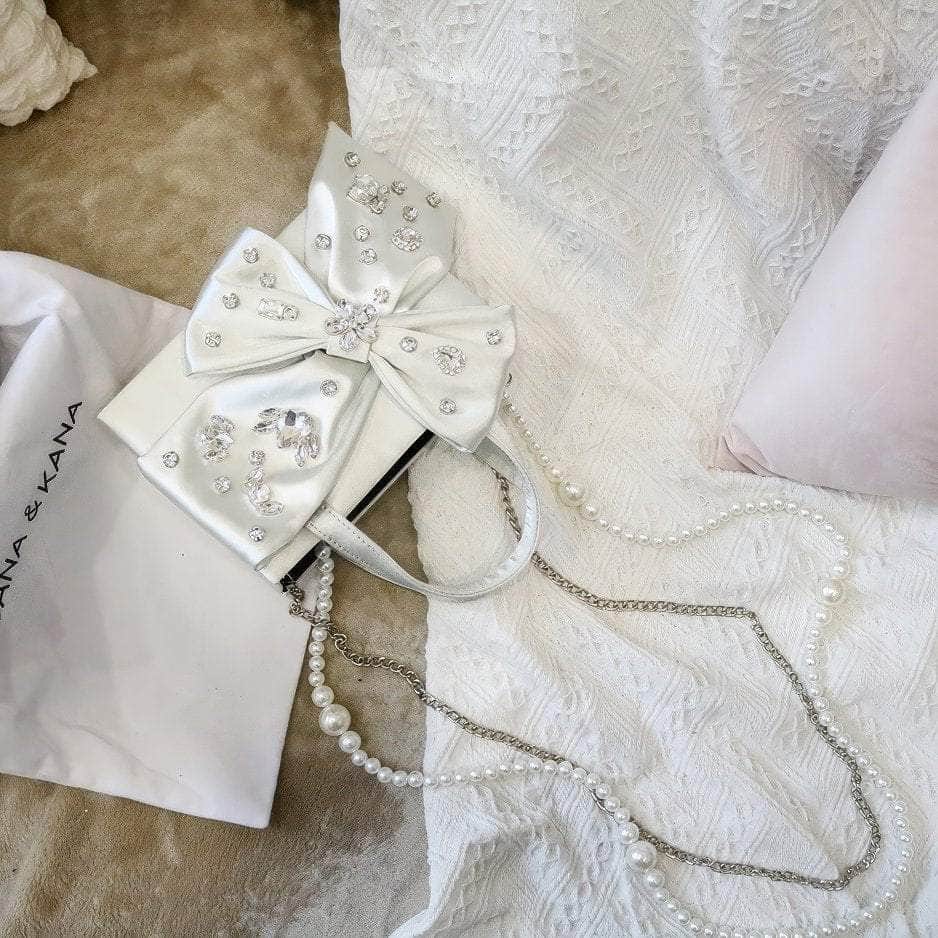Rhinestone Decorated Bow Detailed Top Handle Bag