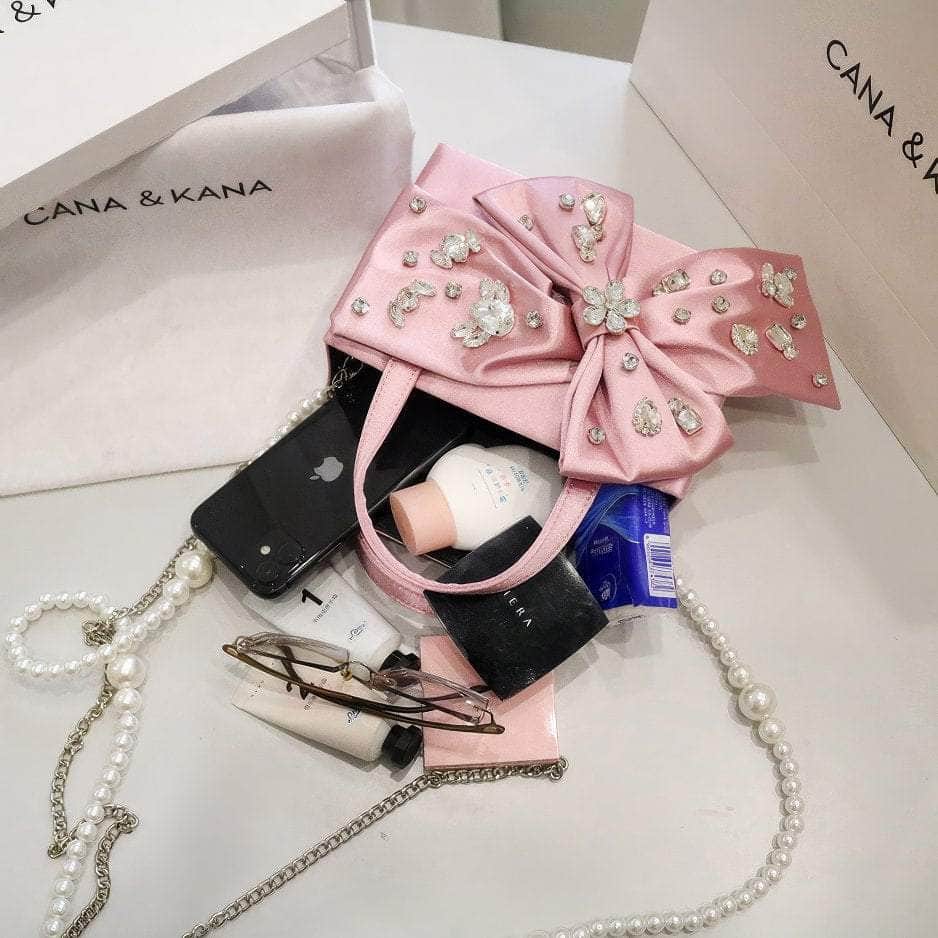 Rhinestone Decorated Bow Detailed Top Handle Bag