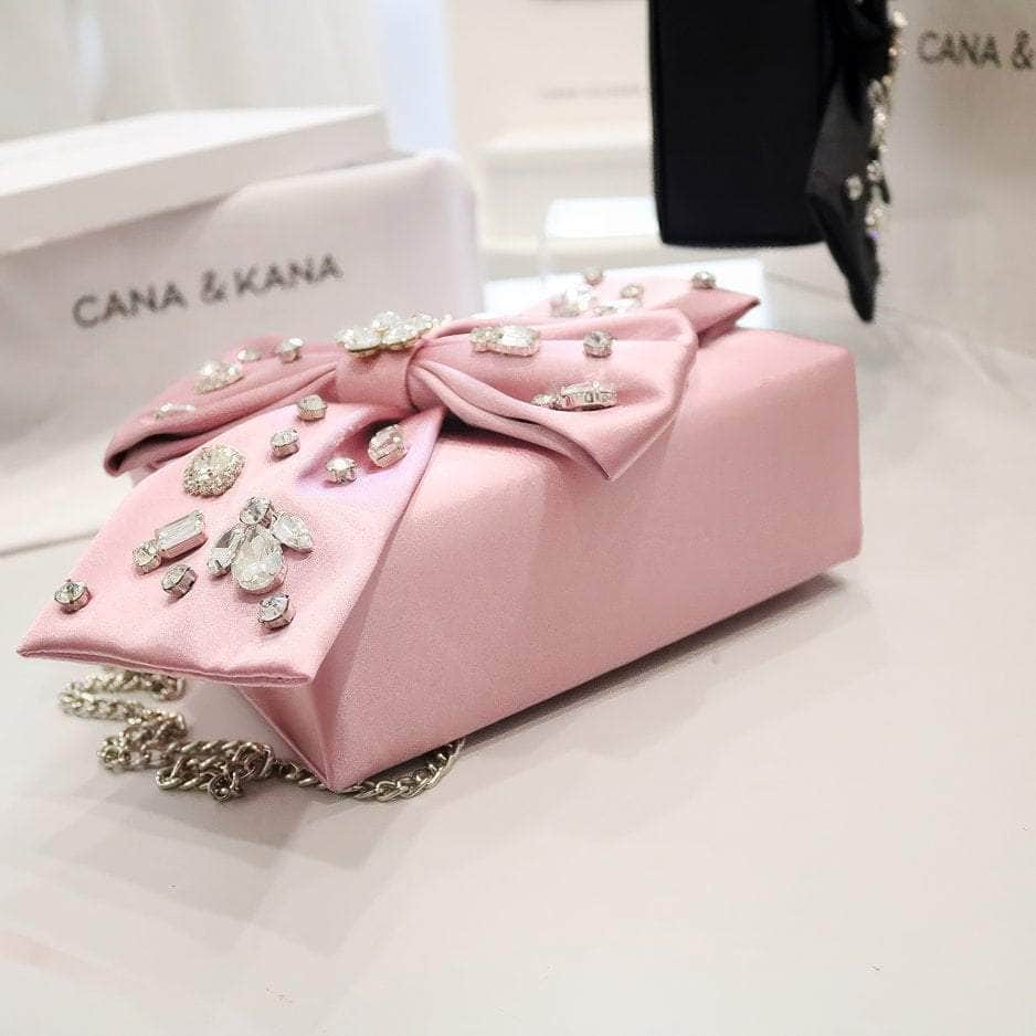 Rhinestone Decorated Bow Detailed Top Handle Bag