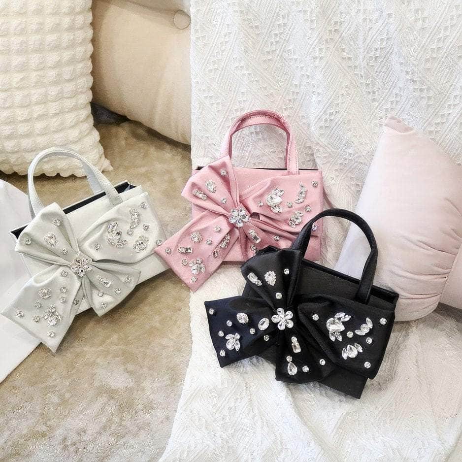Rhinestone Decorated Bow Detailed Top Handle Bag