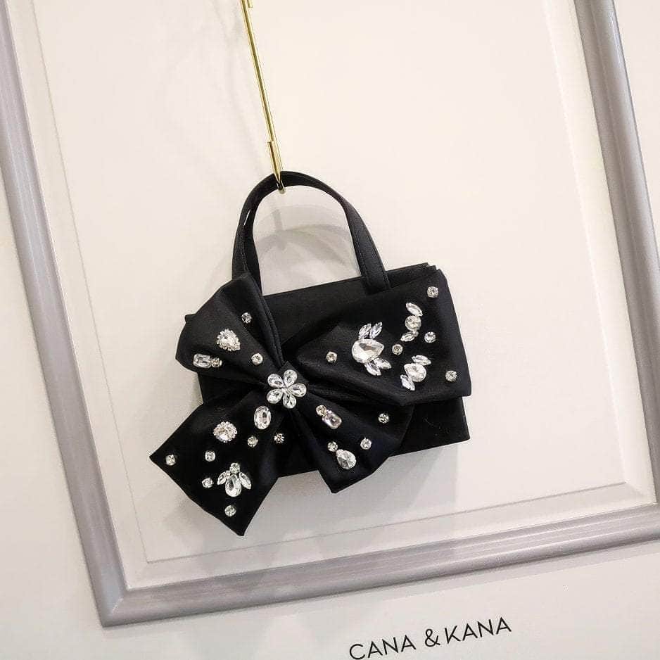 Rhinestone Decorated Bow Detailed Top Handle Bag Black