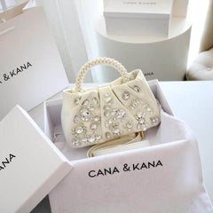 Rhinestone Decorated Pearl Hobo Clutch Bag FloralWhite
