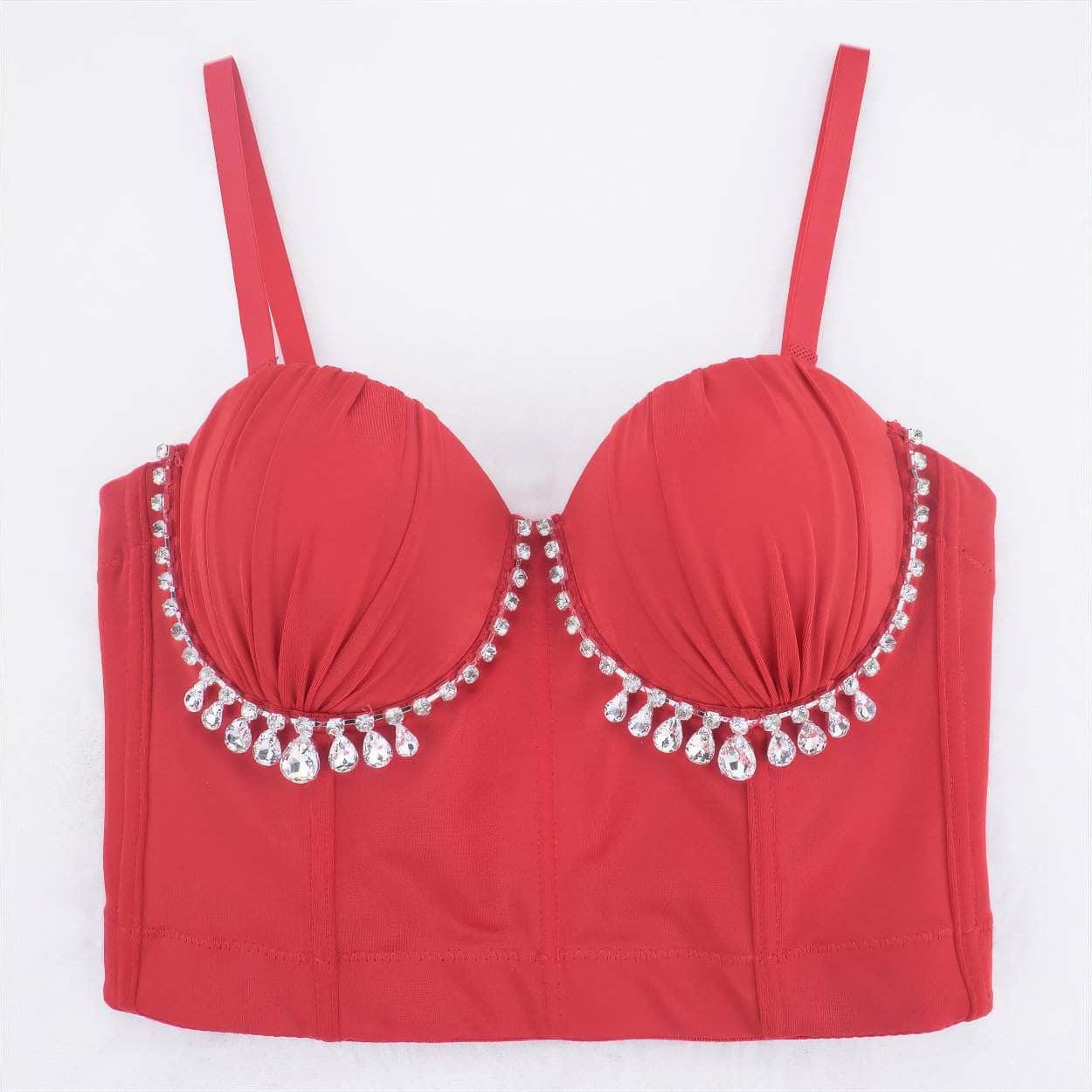 Rhinestone Embellished Bustier Corset Bralette S / Red
