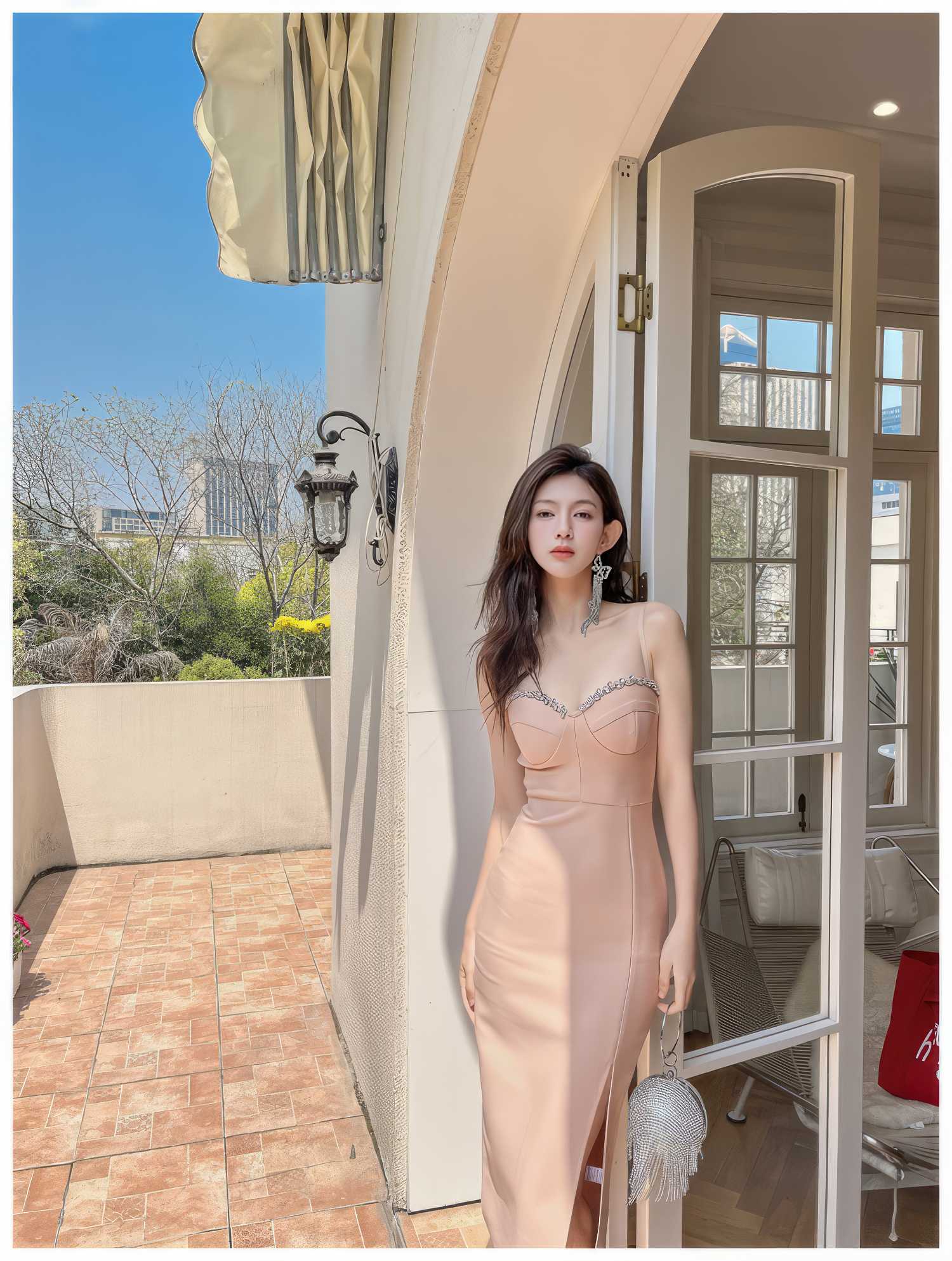 Rhinestone- Embellished Cupped Tube Bodycon Dress