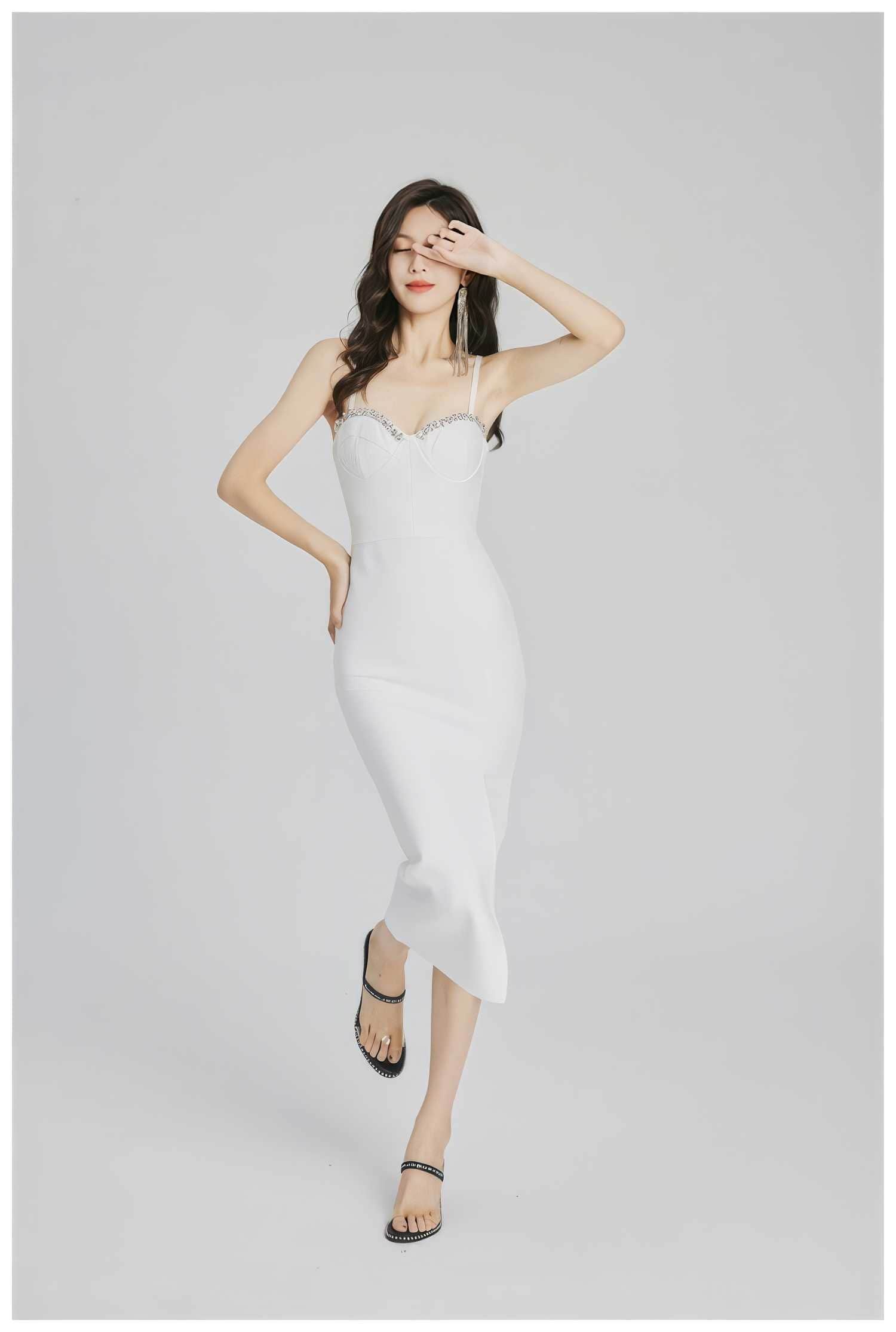 Rhinestone- Embellished Cupped Tube Bodycon Dress