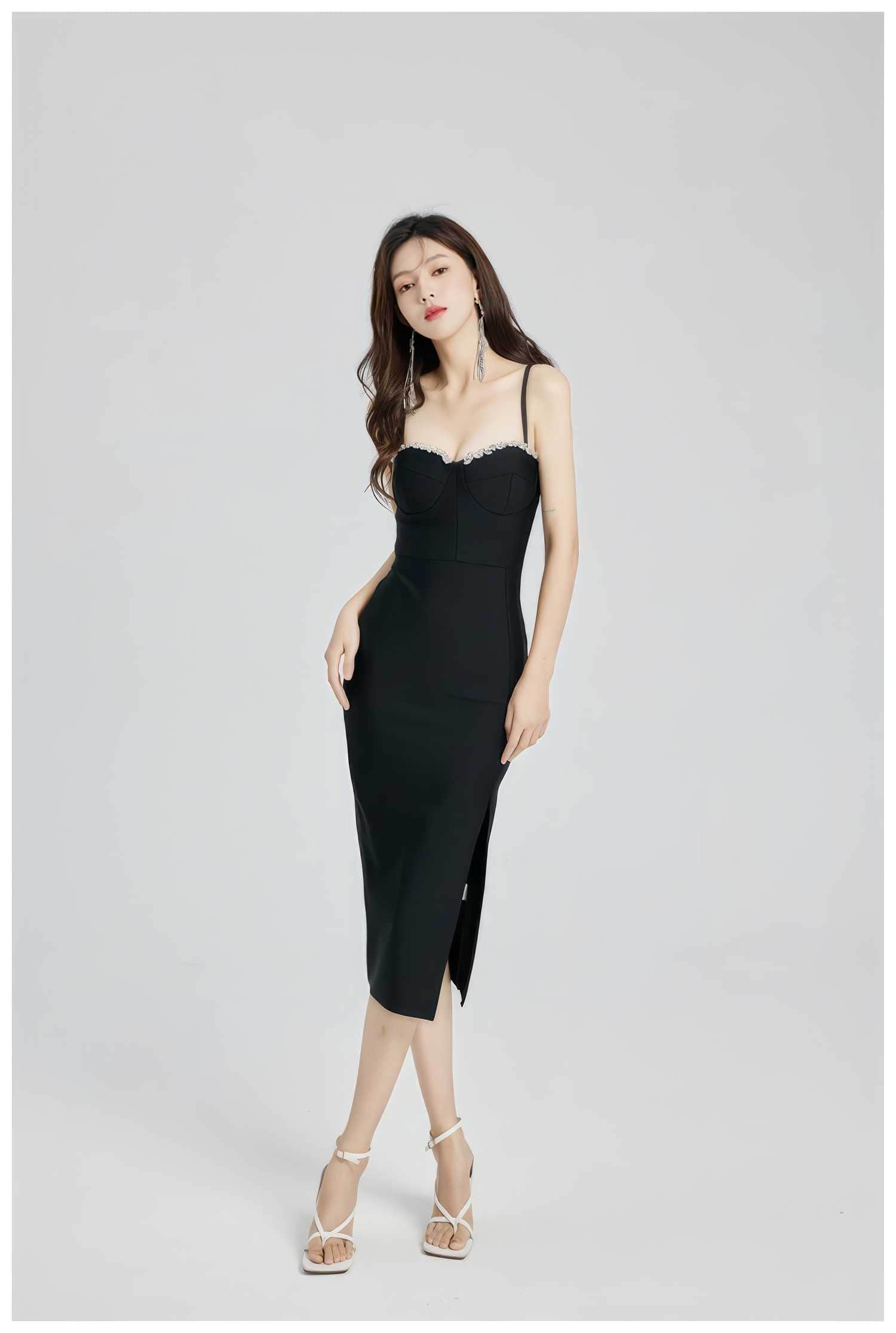 Rhinestone- Embellished Cupped Tube Bodycon Dress