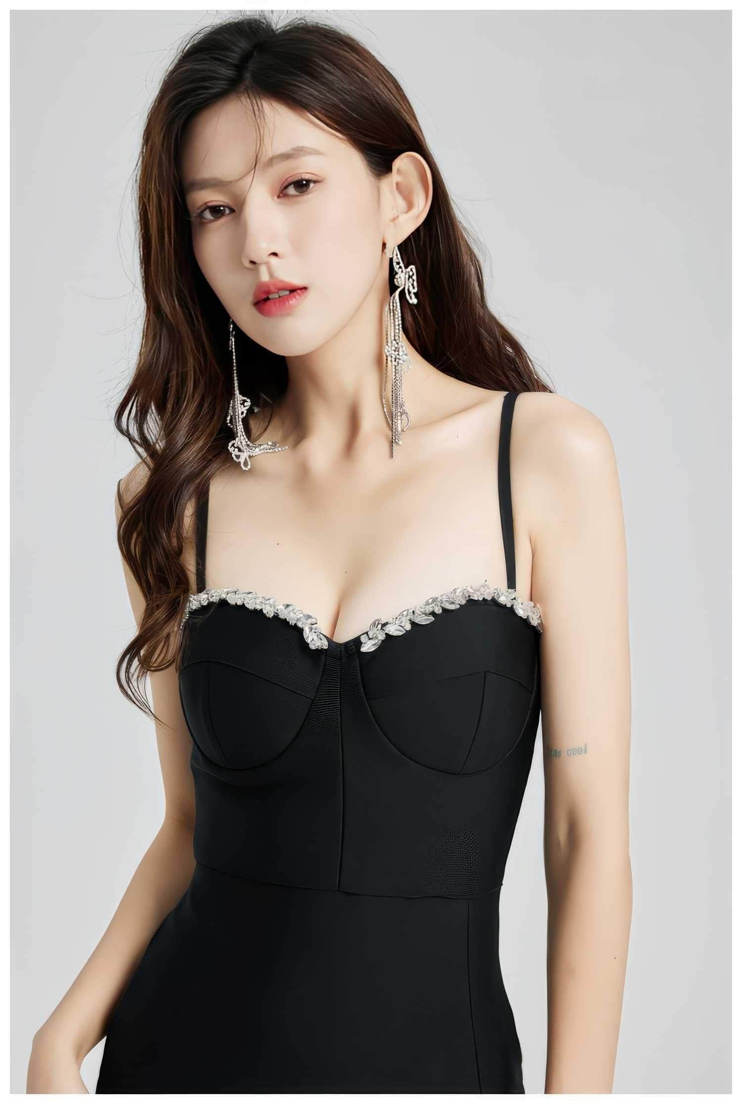 Rhinestone- Embellished Cupped Tube Bodycon Dress