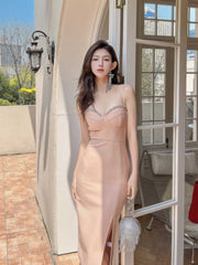 Rhinestone- Embellished Cupped Tube Bodycon Dress M / Tan
