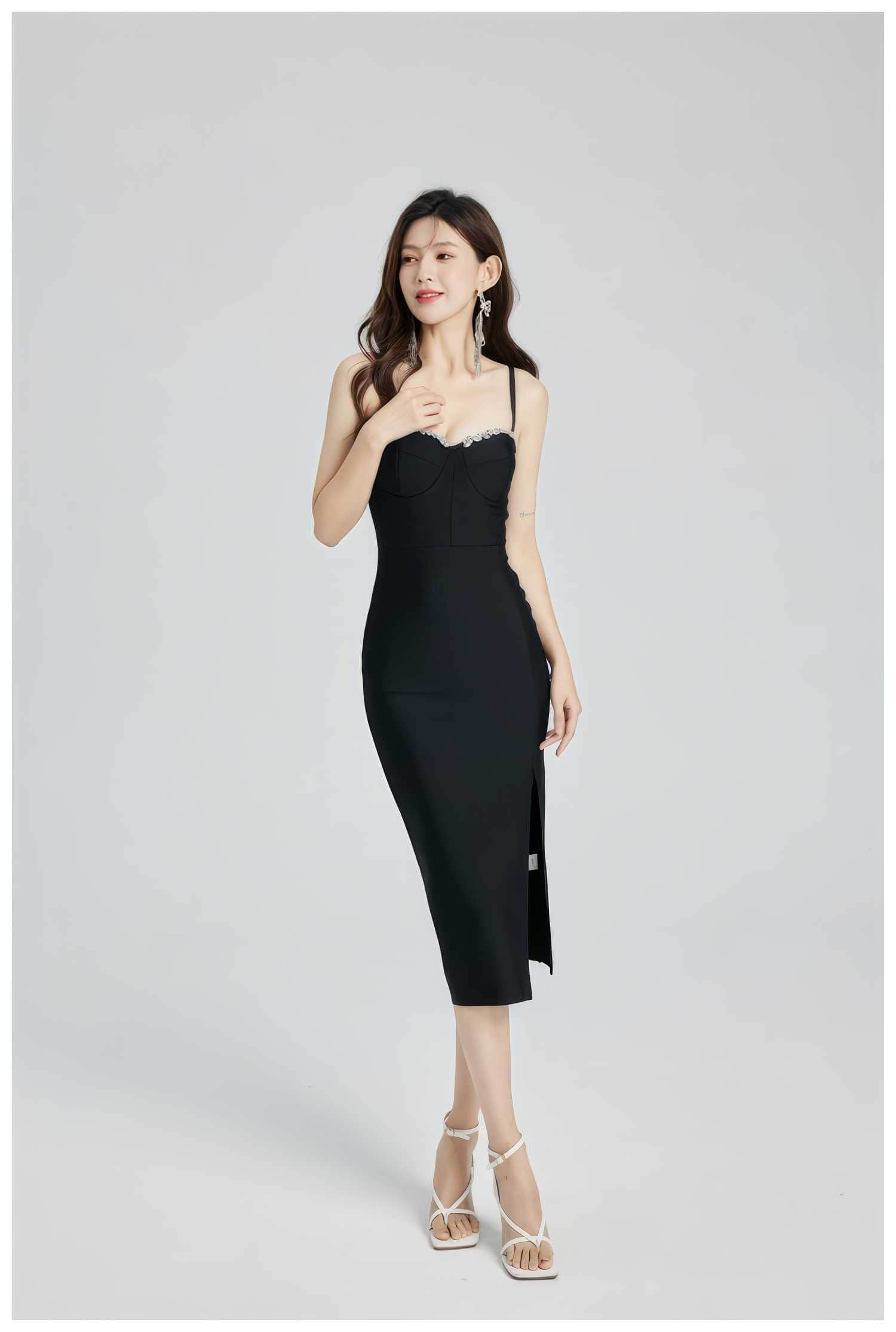Rhinestone- Embellished Cupped Tube Bodycon Dress S / Black