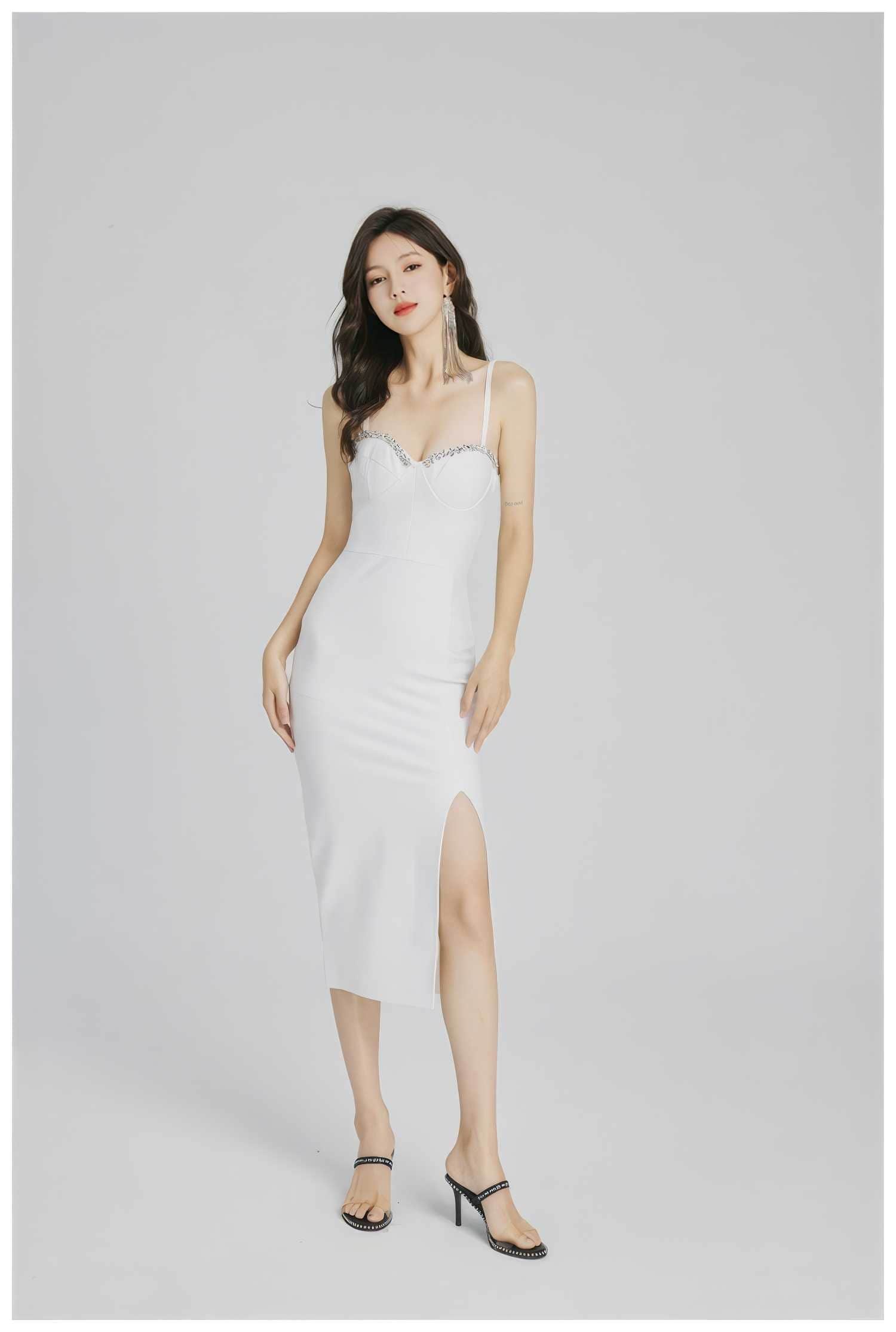 Rhinestone- Embellished Cupped Tube Bodycon Dress S / White