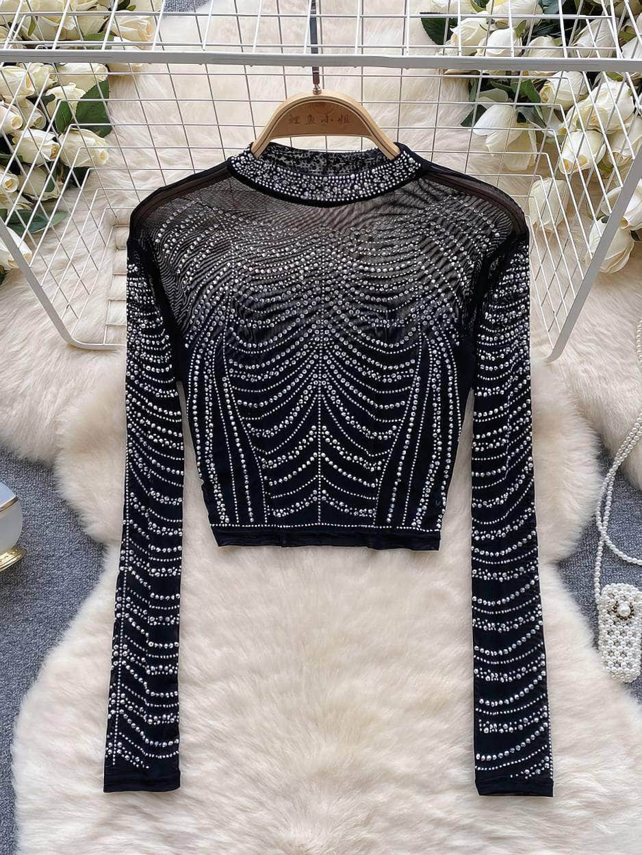 Rhinestone Embellished Long Sleeve Mesh Top MAX SIZE / Black