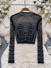 Rhinestone Embellished Long Sleeve Mesh Top MAX SIZE / Black