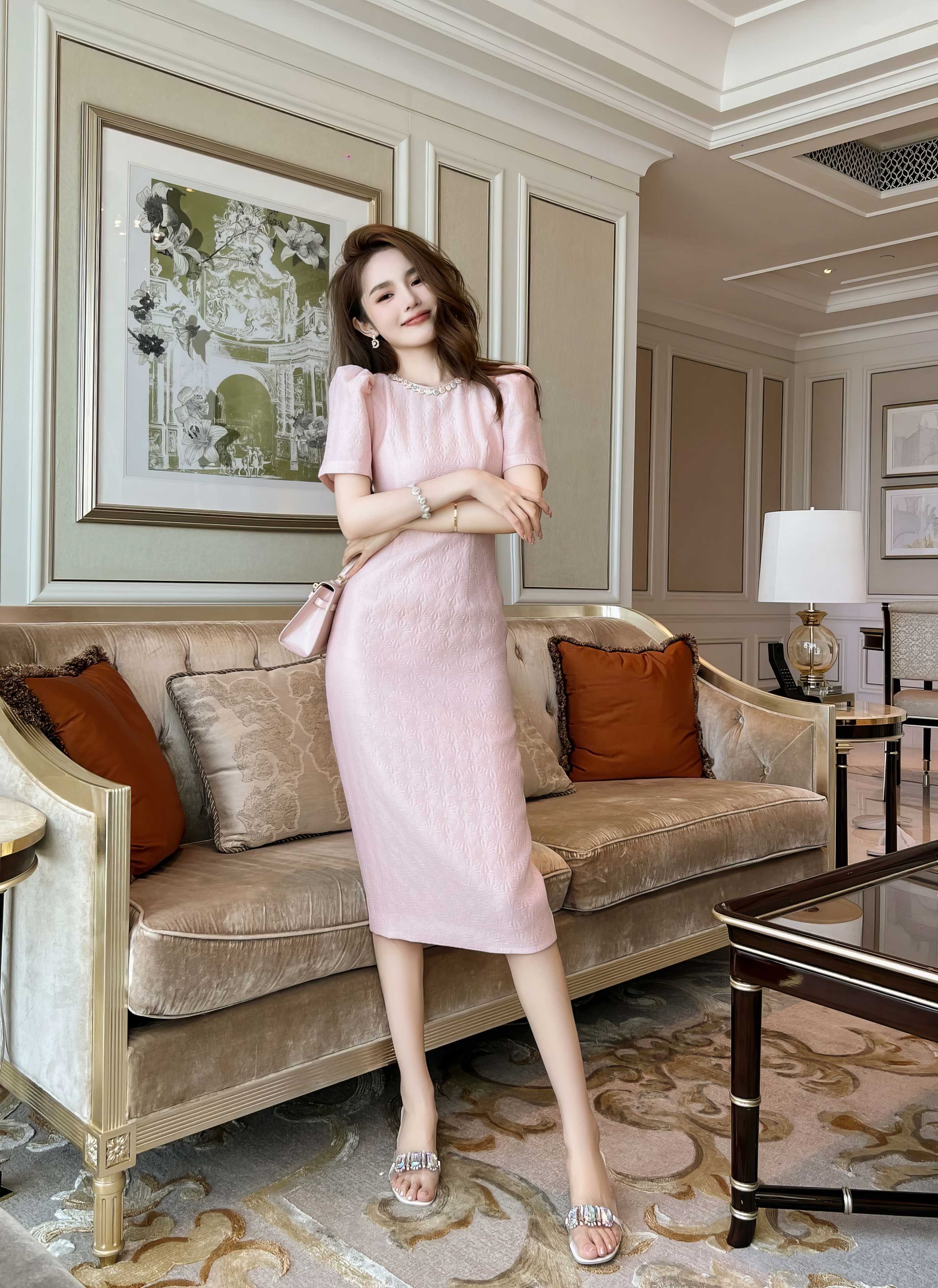 Rhinestone Embellished Puff Sleeves Dress